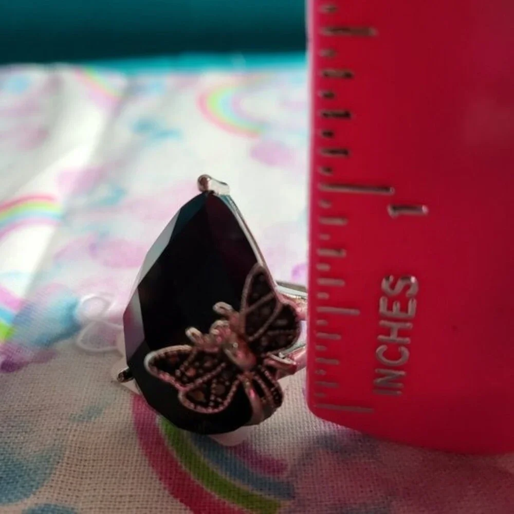 Black Agate/ Hematite Butterfly Stainless Steel Ring